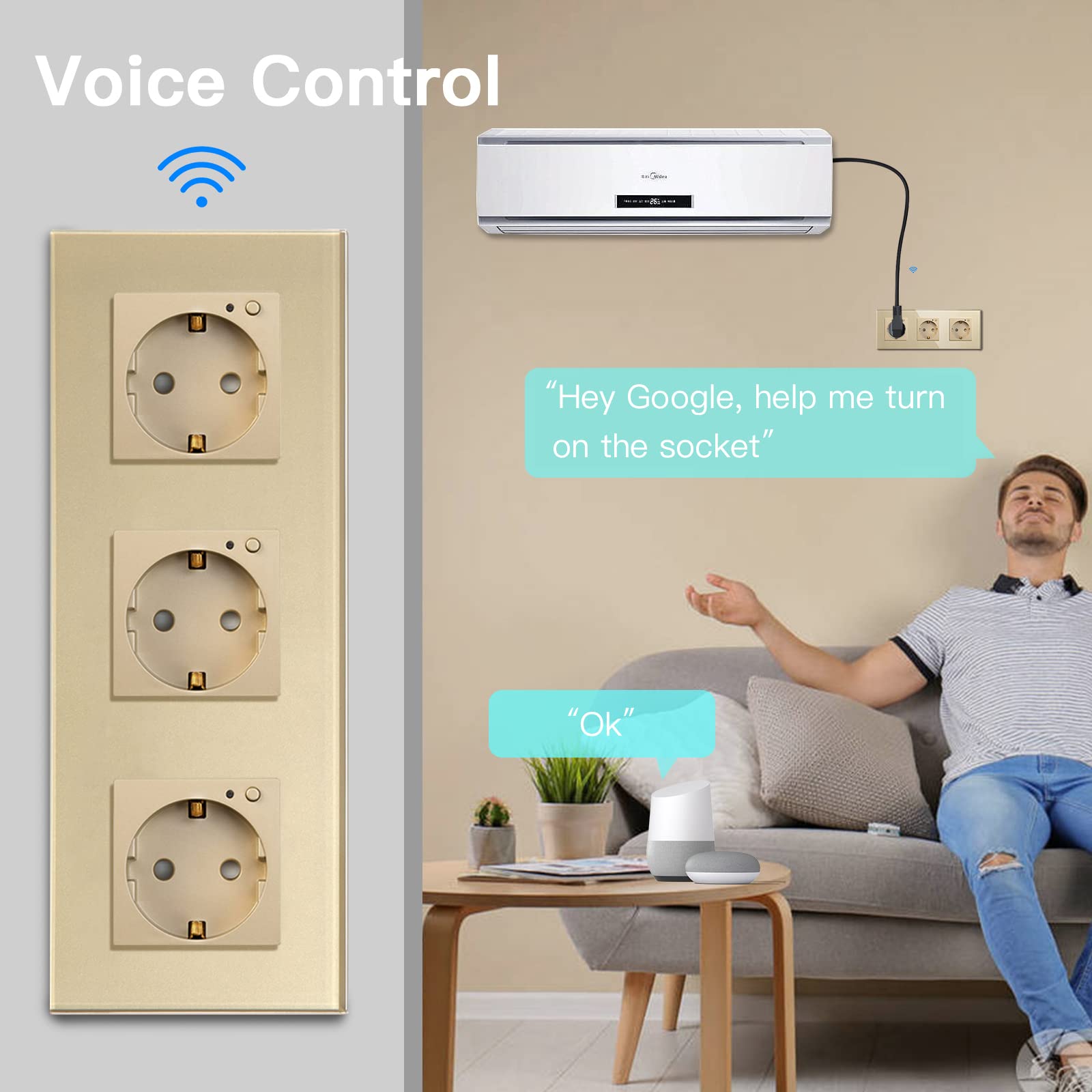BSEED Inteligentne gniazdko WiFi, współpracuje z Amazon Alexa, Google Home, funkcja timera i sterowanie aplikacją, 3-krotne gniazdo Schuko w kolorze złotym, podtynkowe, inteligentne gniazdko elektryczne - tylko 2,4 GHz