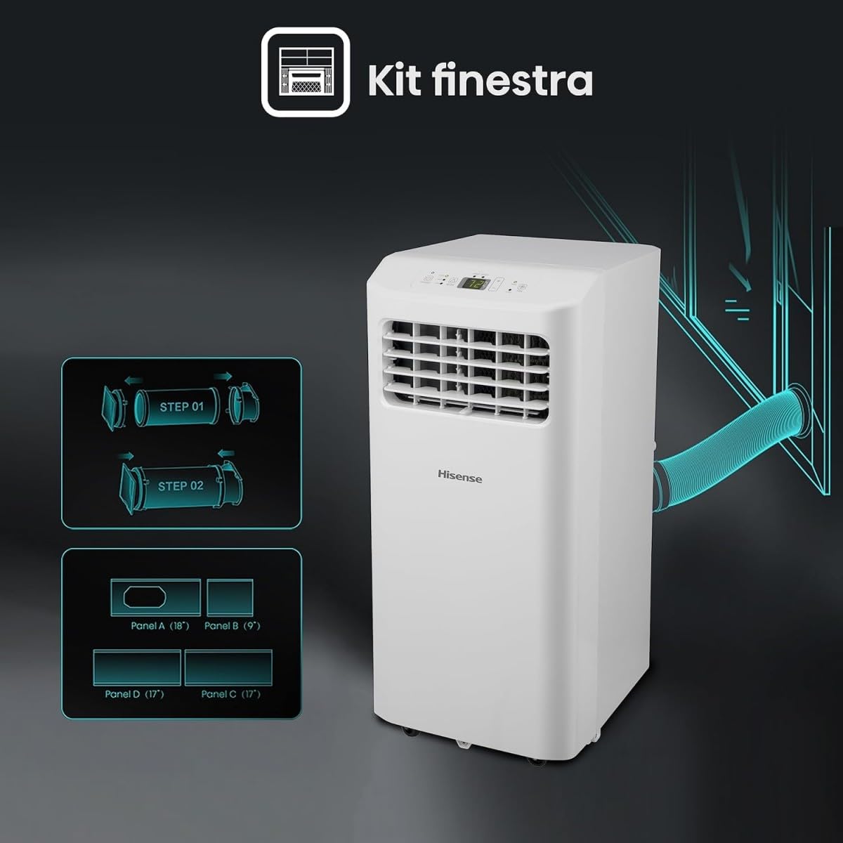 Hisense, APC07KV, aire acondicionado portátil 7000BTU, 2,6 kW, 18 ㎡, deshumidificación, 63 dB,pantalla LED, temporizador 24 h, mando a distancia [clase energética A]