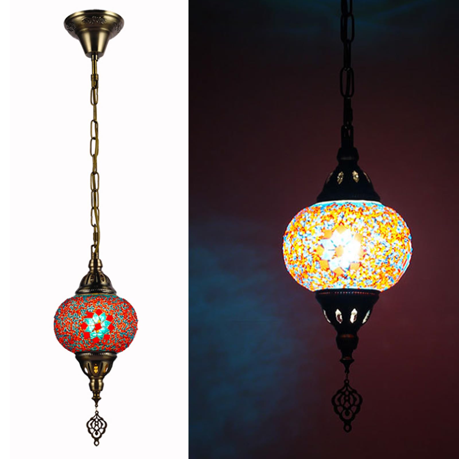 HYJAUSXB Turkish Moroccan Handmade Mosaic Glass Colorful Ceiling Pendant Fixture Hanging Lamp Light Chandelier (with Bulb),Glass Large Globe