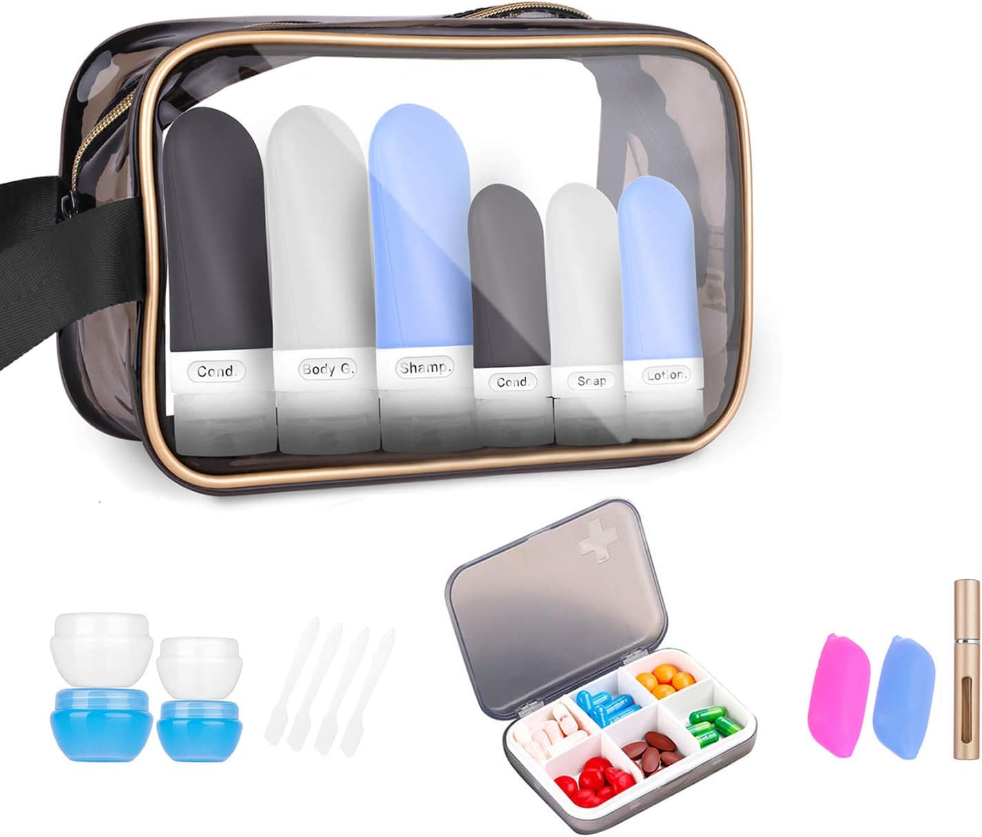 Silicone Travel Bottles Tsa Approved Leak Proof- Travel Size Toiletries Containers Pack Airplane Accessories Travel Shampoo and Conditioner Bottle Sets, With Clear Toiletry Travel Bag Pill Organizer