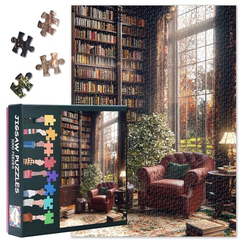 Gemütliche Leseecke Puzzle 1000 Teile - Ledersessel & Großes Bücherregal,