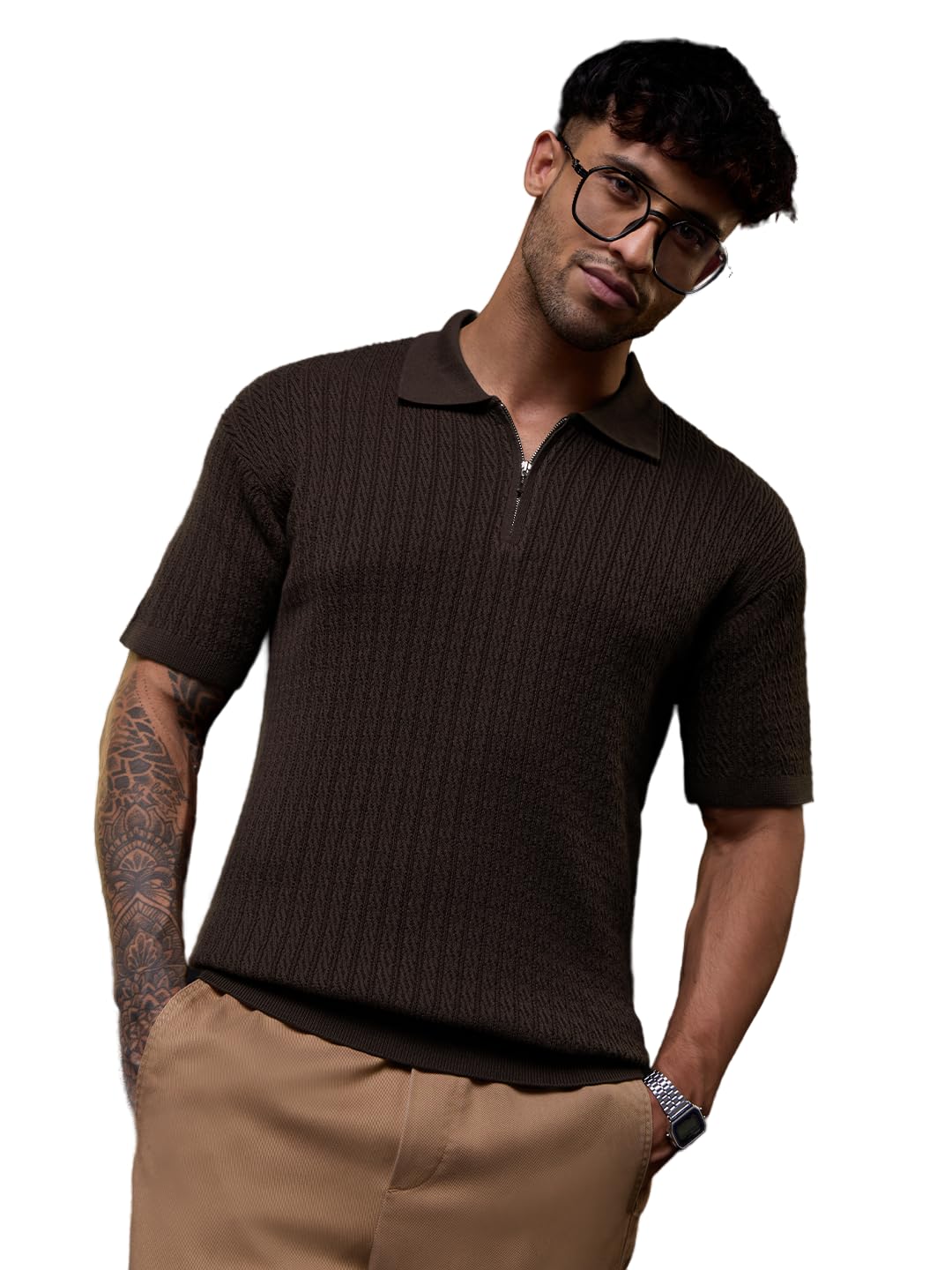 the souled store Jacquard Polo: Midnight Wave Men and Boys Short Sleeve Spread Collar Navy Blue Solid Cotton Casual Everyday Officewear Regular Fit Polos-picture-27