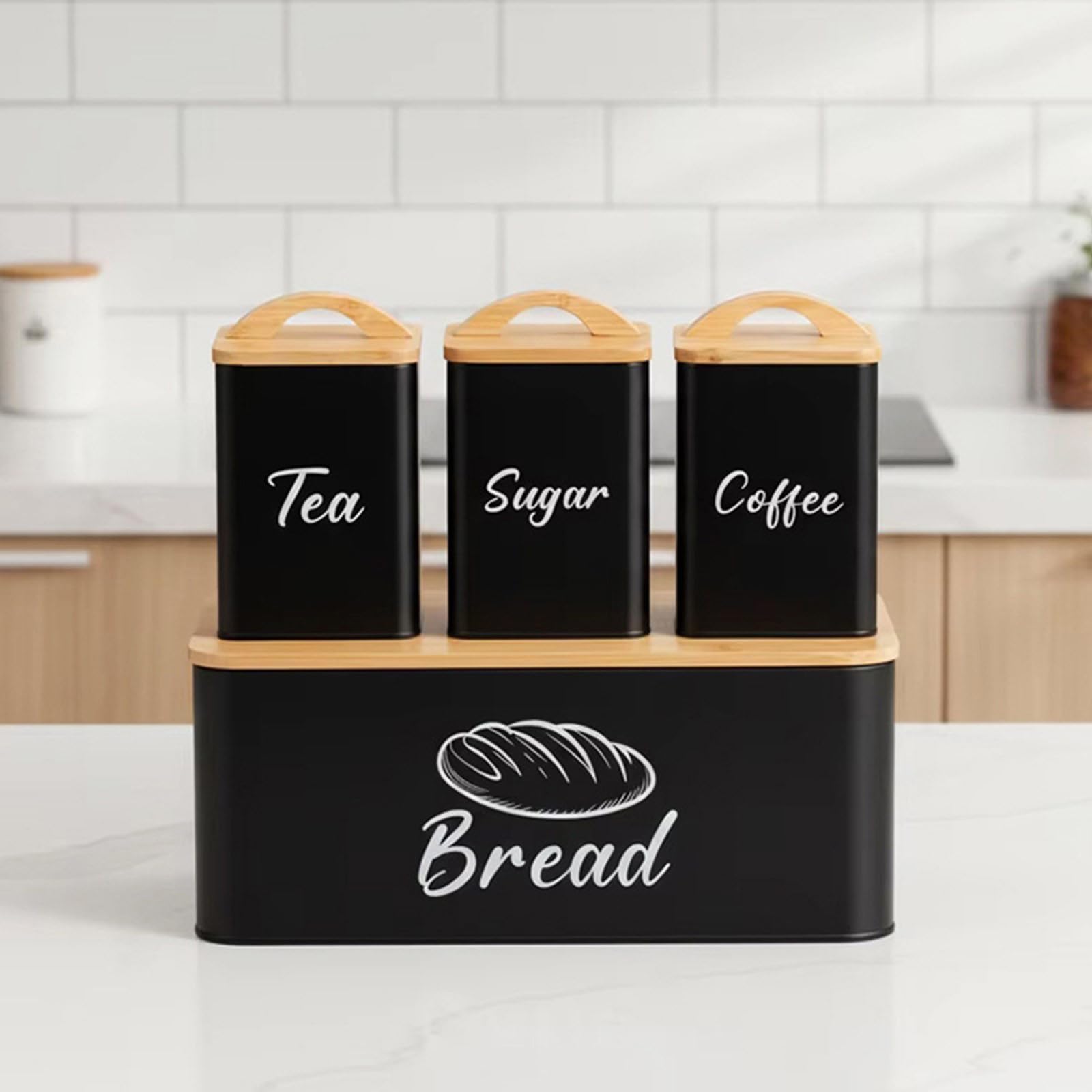 Frischhaltedosen aus natürlichem Holz und Metall, für die Organisation von Kaffee, Tee, Zucker, Brot in modernen Haushalten, Kaffee, Tee, Zucker, Brot, 4 Stück