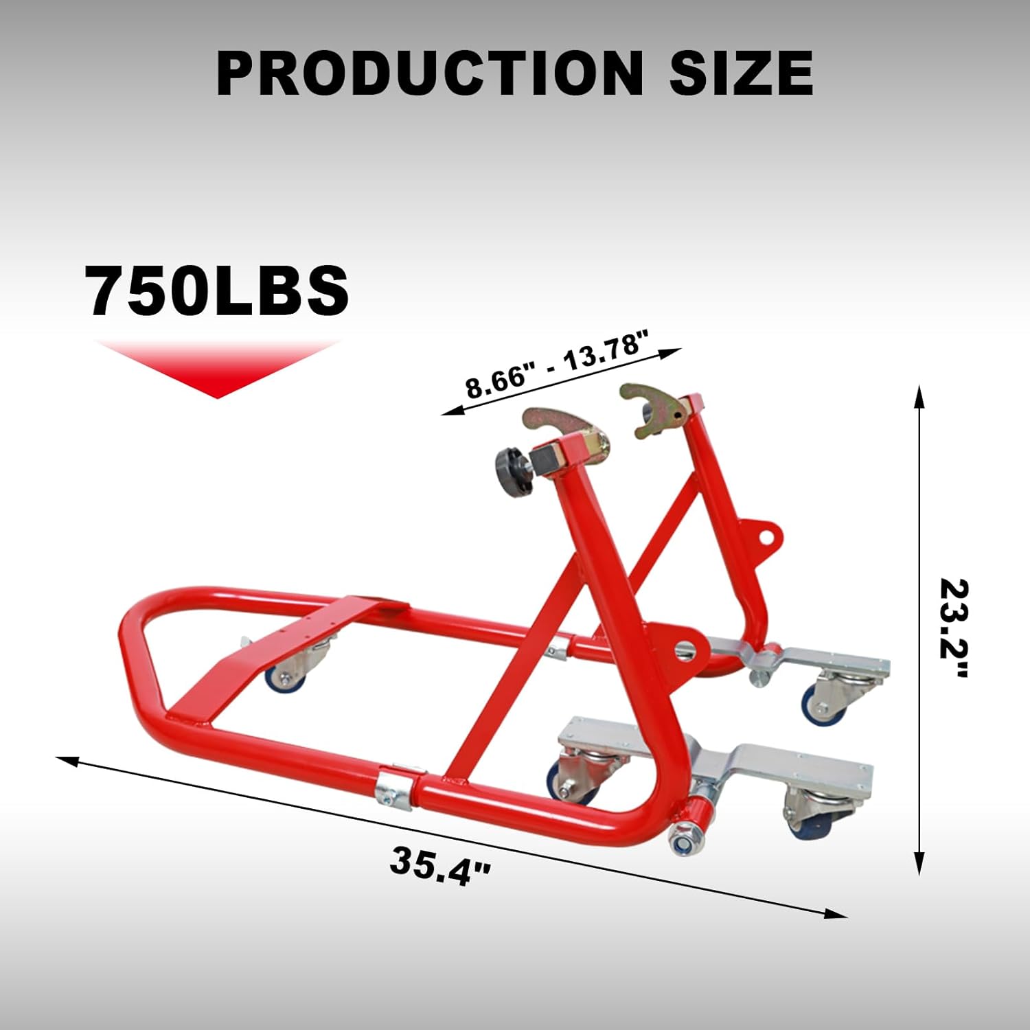jack boss motorcycle stand rear combo wheel lift stand, 750lbs capacity swingarm paddock stand for sport, with 360 swivel caster red