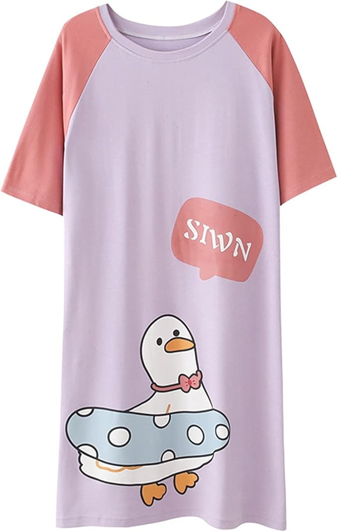 Amazon レディース ルームワンピース Tシャツワンピース 寝巻き 可愛い ワンピースパジャマ 半袖 ラグランスリーブ プルオーバープル クルーネック ロングtシャツ 可愛い コットン かわいい ゆったり 短袖 夏春 便利服 パジャマ ルームウェアセット 通販