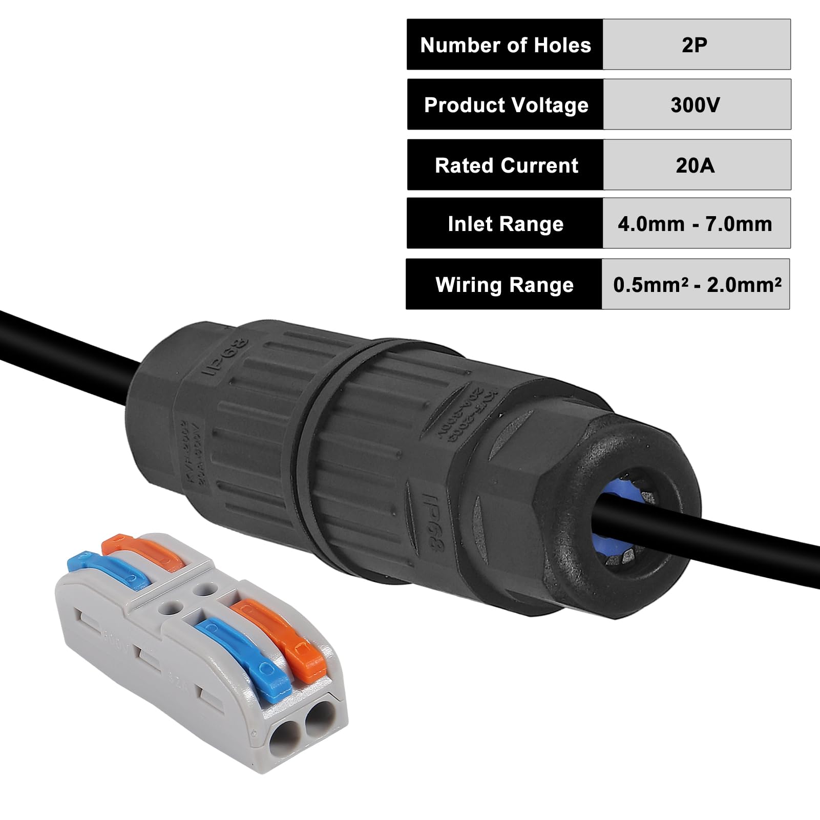 4pcs IP68 Outdoor Waterproof Junction Box, 2 Way Electrical Cable Connector External Sleeve Coupler for AWG 28-12 Wire, Quick Screwless Installation