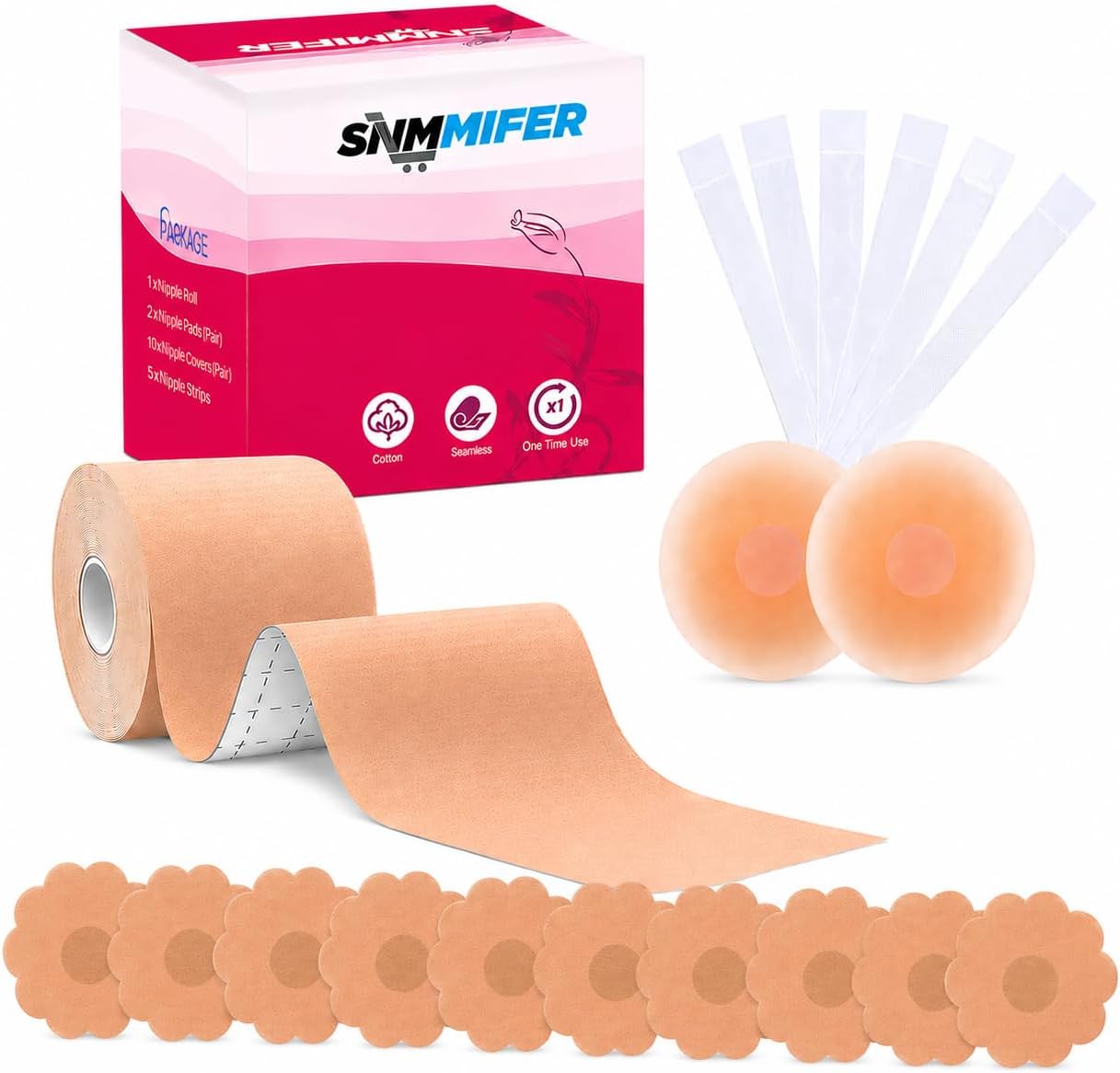 Boob Tape Kit - Instant Boob Tape with 10 Pasties for Fashion with 36 Strips Double Sided Tape for Clothes &1 Pair Reusable Cover for Women (Beige), Beige, Free Size