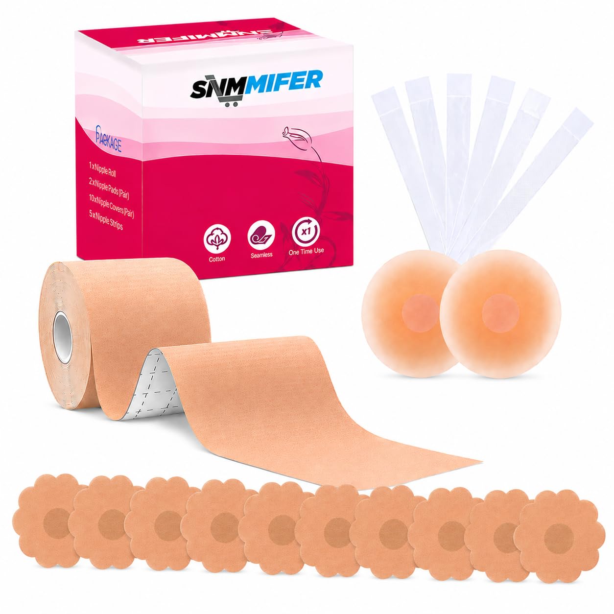 Boob Tape Kit - Instant Boob Tape with 10 Nipple Pasties for Fashion with 36 Strips Double Sided Tape for Clothes &1 Pair Reusable Nipple Cover for Women (Beige)