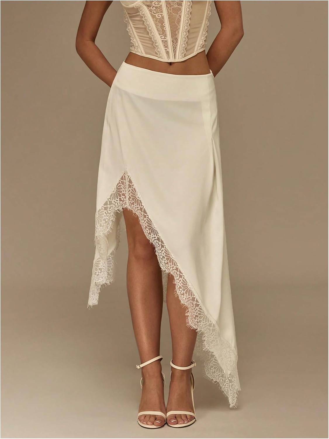 Floerns Women's Elegant Lace Trim Maxi Skirt Y2k Split Asymmetrical Hem Night Out Skirts