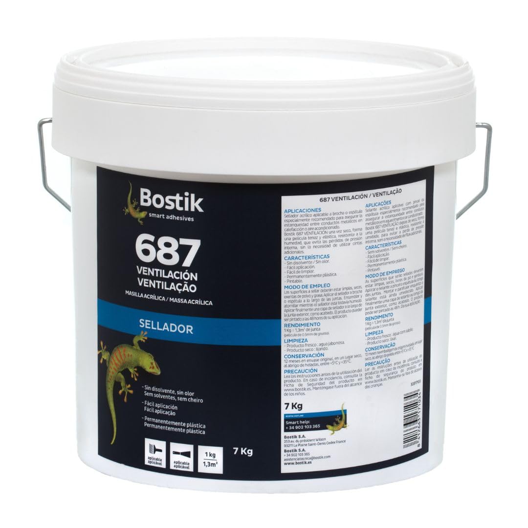 BOSTIK 687 VENTILACIÓN Gris, Sellador Acrílico Aplicable a Brocha o Espátula, sin Disolventes, sin Olor, Permanentemente Plástico y Elástico, Temperatura de Aplicación de +5ºC a +35ºC, Bote 7 kg