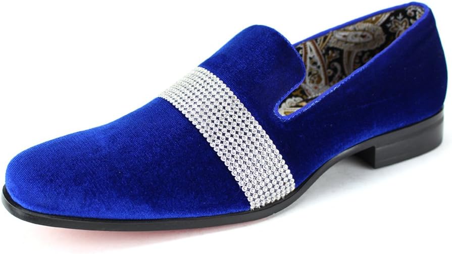 Men's Velvet Smoking Slipper with Band of Stones! Bejeweled Smoker Shoe! (12, Royal)