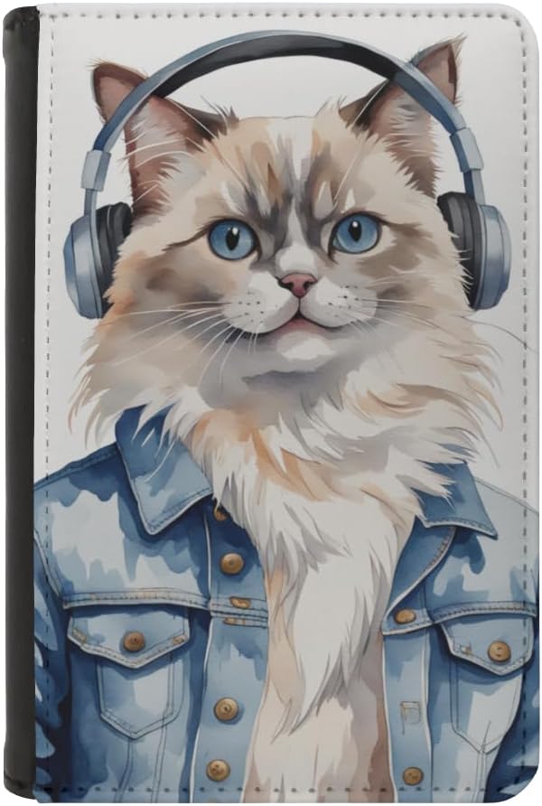 Cute Passport Wallet Holder Case Travel Gifts Birman Cat with Headphones in a Denim Jacket Funny Music Lover Kitten Design Leatherette Wallet with Pockets