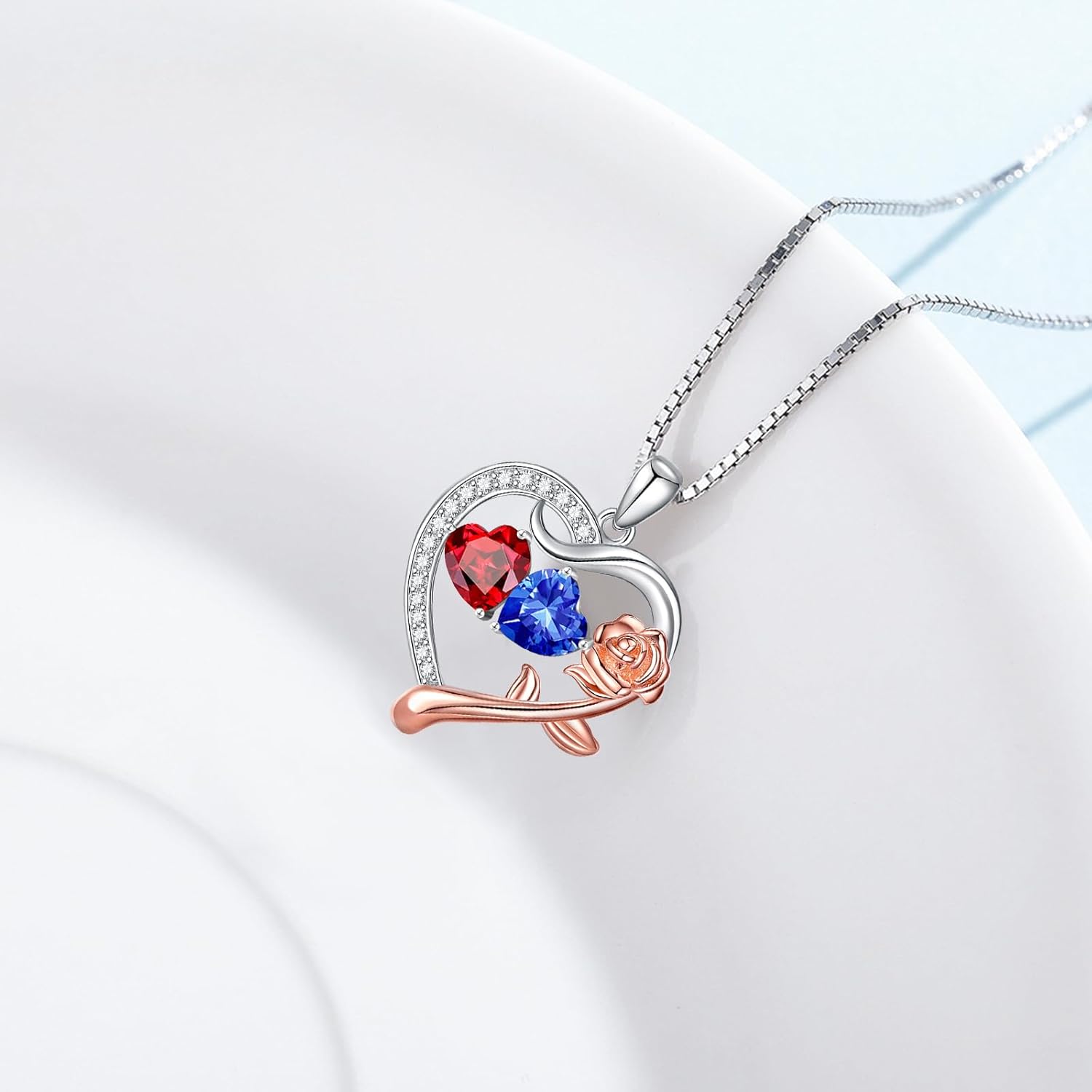 KQ&TTENG Birthstone Necklaces for Women - Rose Flower Heart Pendant Necklace with Double Birthstone Jewelry Anniversary Birthday Gifts for Her Wife Girlfriend Mom - Image 7