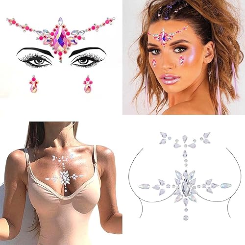 Miniatura 7 de Blindery Diamantes de imitación de cara de sirena, gemas de cuerpo rave, joyas de tatuaje rosa, gemas de pecho para festivales para mujeres y niñas,