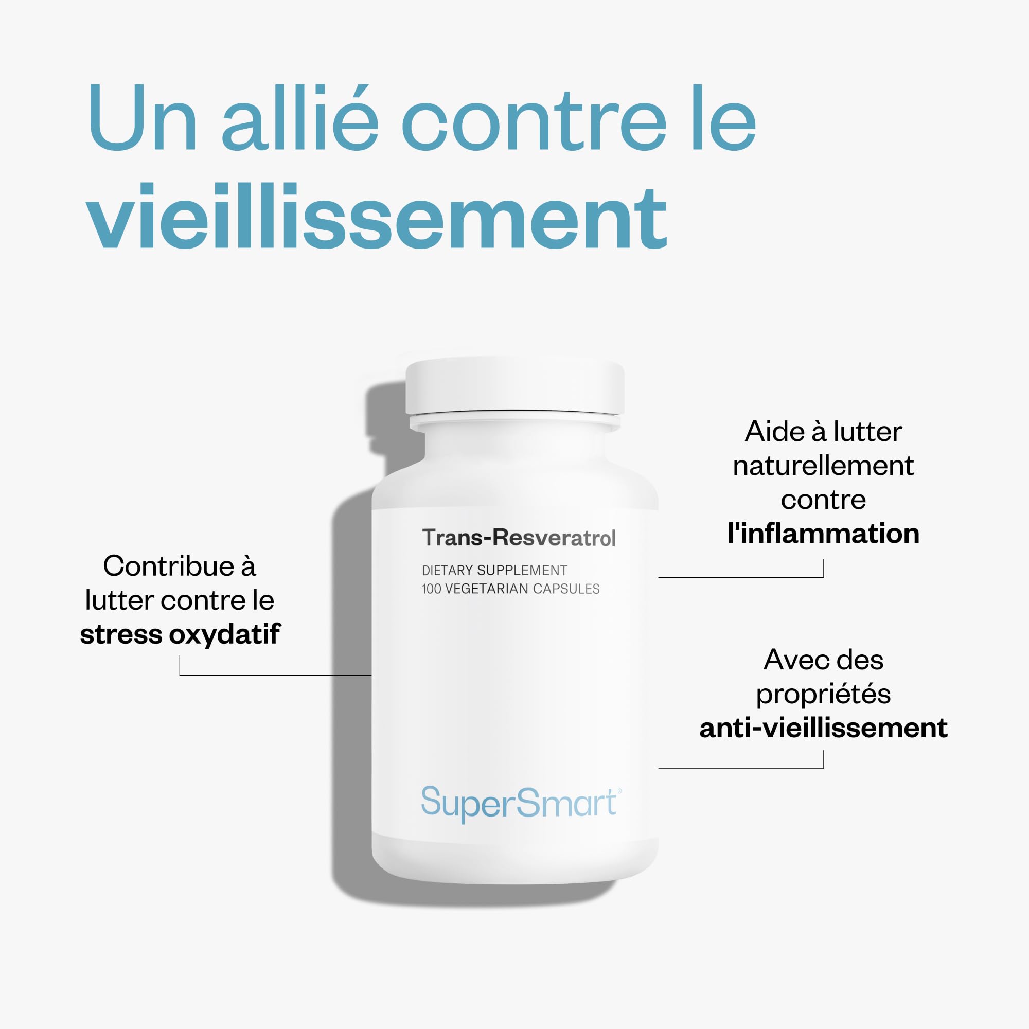 Trans-Resveratrol - Extrait de la Racine de Hu Zhang - Contribue à Lutter Contre le Stress Oxydatif et les Inflammations - Vegan - Sans Gluten - Supersmart