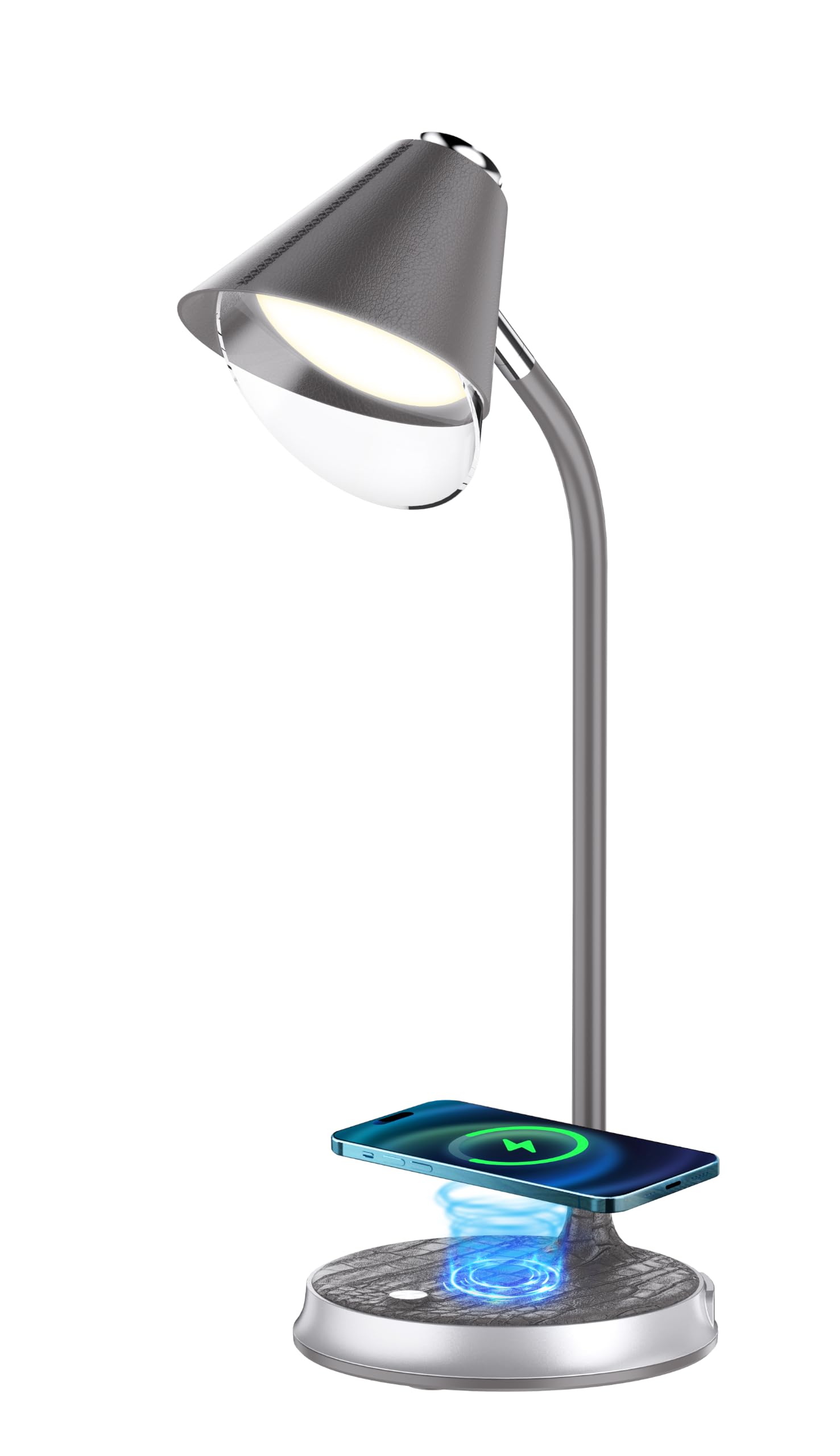 IMMAX FINCH - Lampada da tavolo a LED con funzione di ricarica Qi, grigio + elementi argentati