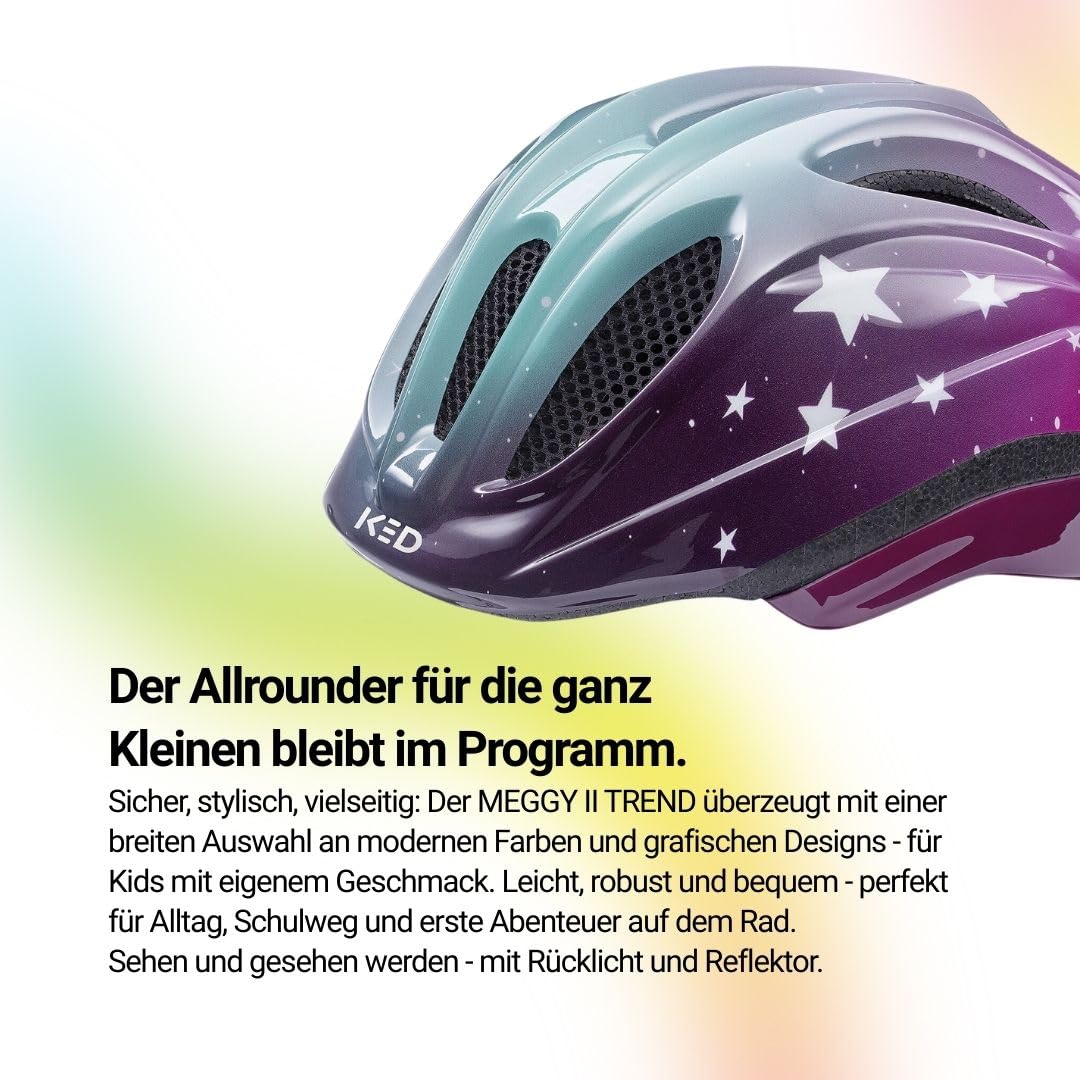 Meggy II Trend 2024 - Casco da bicicletta per bambini, prodotto in Germania, con luce posteriore a LED, solo 220 g, sistema di regolazione QuickSafe e protezione dagli insetti