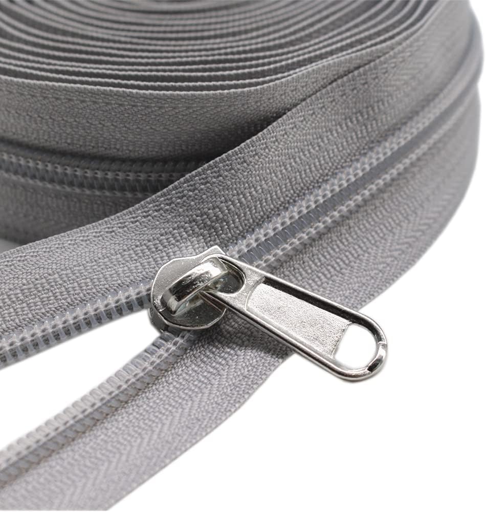 YaHoGa #3 Grey Nylon Coil Zippers by The Yard Bulk 10 Yards with 25pcs Sliders for DIY Sewing Tailor Crafts Bags (#3 Grey)