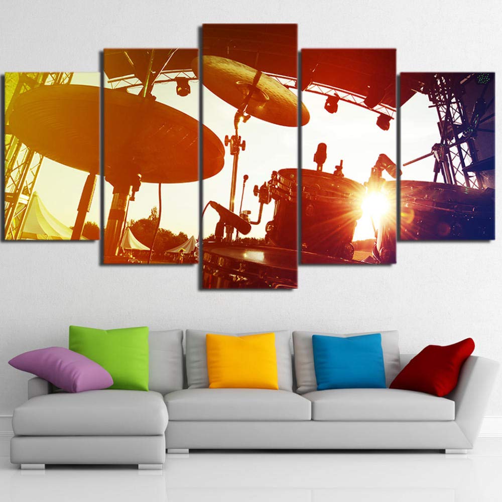 Stampa su Tela Quadro Moderno Quadro su Tela Immagini 5 Pezzi Sun Shines Strumenti Musicali Musica Rock Batteria Decorazioni per La Casa Poster Quadro Canvas Mare Fiori Musica