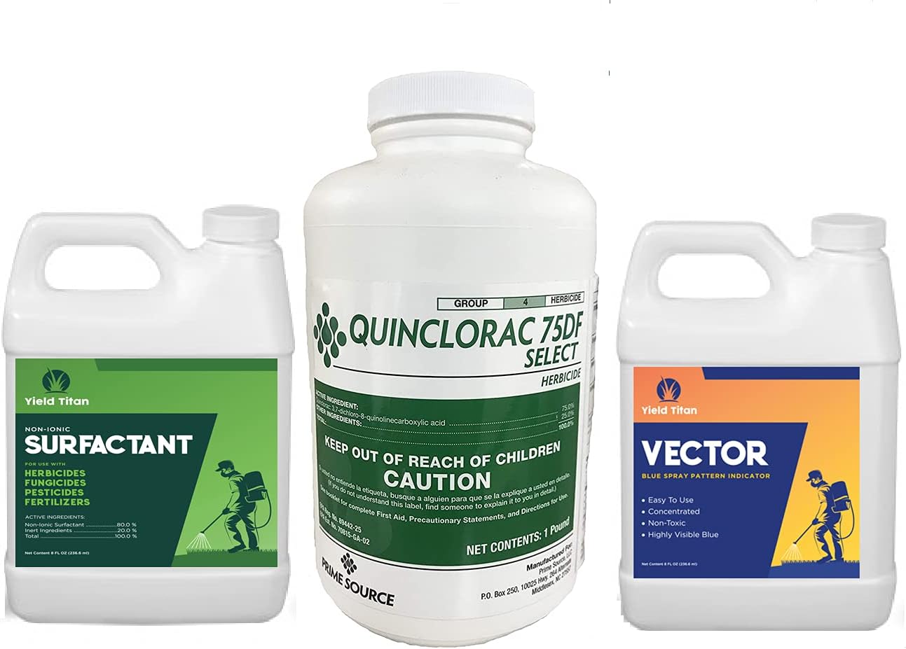 Primesource Quinclorac Select 75DF Herbicide - 1 Pound (Drive 75, Quinstar) with Yield Titan's Vector Blue Concentrated Spray Pattern Indicator and Non-Ionic Surfactant Combo Pack