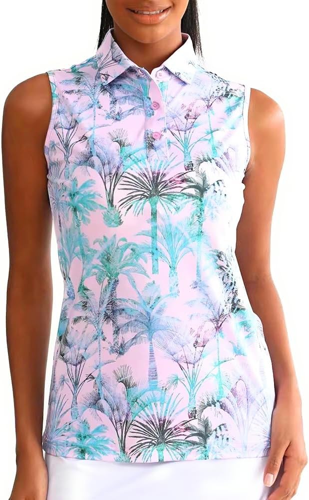 Women's Sleeveless Golf and Tennis Polo Shirt, Floral Print, Blue and Pink - Image 3