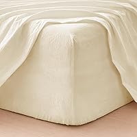 Vista 10 de MooMee Sábana bajera ajustable de solo 100% algodón lavado con textura parecida al lino, transpirable, duradera, suave, cómoda, bolsillo profundo