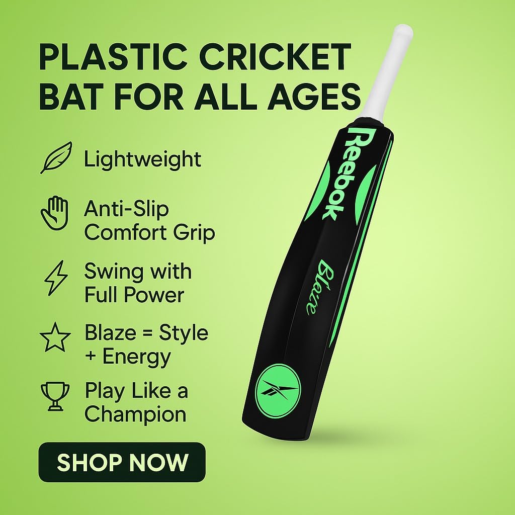 Reebok Blaze Batte de cricket en plastique – Taille complète 86,4 x 11,4 cm, PVC léger, design durable pour l'entraînement et les jeux récréatifs, convient aux enfants de 15 ans et plus (vert)