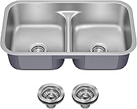 Kraus KBU32 Premier 32-Inch Undermount 50/50 Double Bowl Stainless Steel Kitchen Sink with Low Divider & Strainers