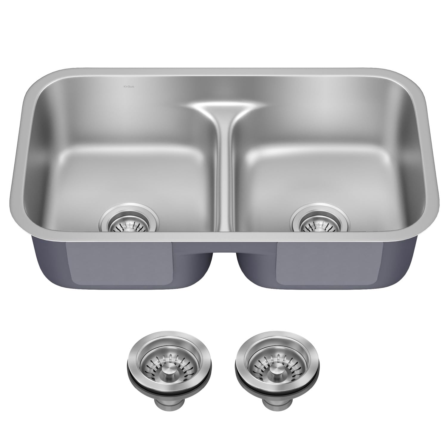Premier 32-inch Undermount 50/50 Double Bowl Low Divider 18-Gauge Stainless Steel Kitchen Sink with Strainers (x2), KBU32