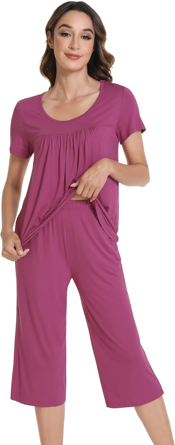 WiWi Pajamas for Women Soft Cooling Short Sleeve Sleepwear with Capri Pants Viscose from Bamboo Pjs Sets S-XXL - Image 3