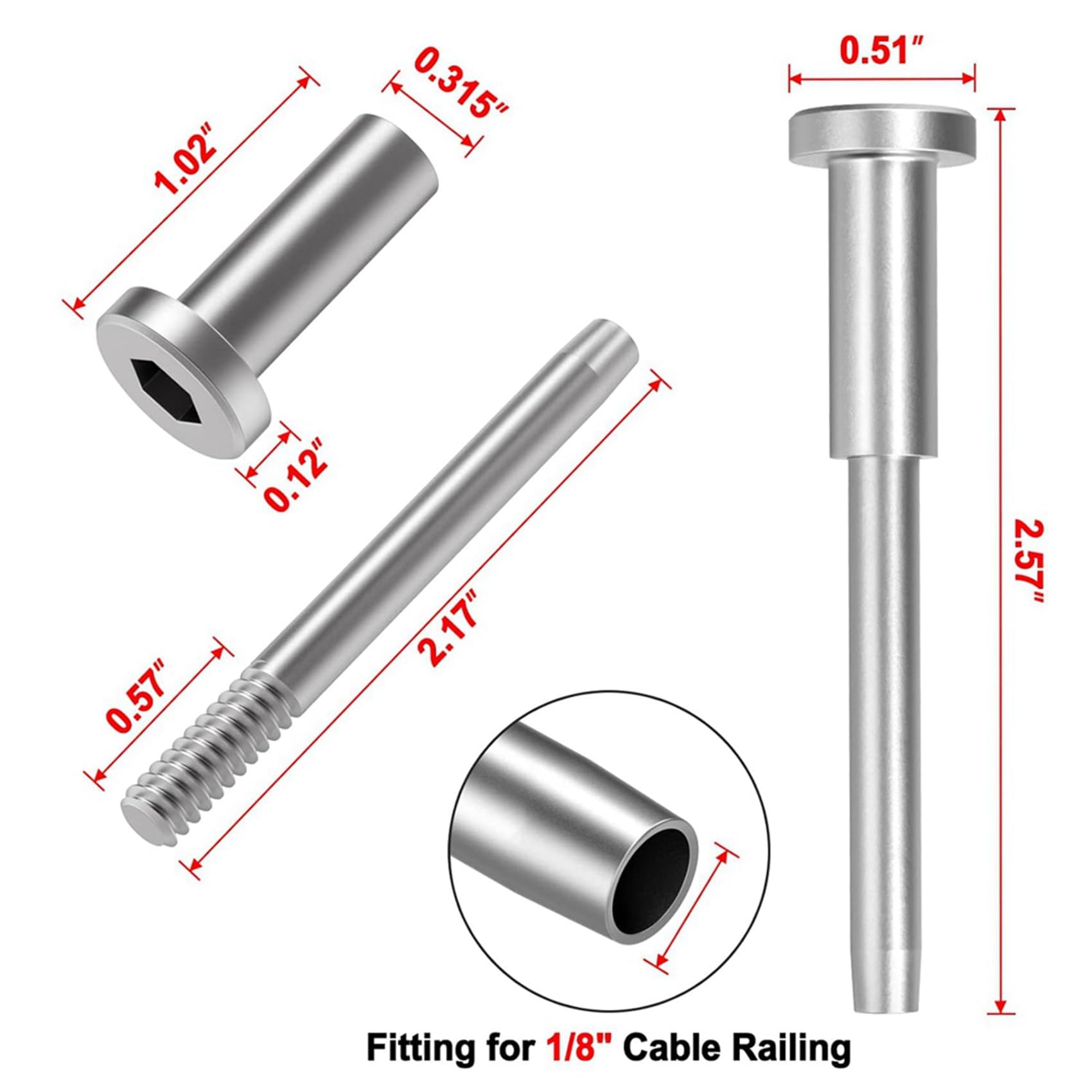 Paquete de 100 Kit de Barandilla de Cable, Receptor de Acero Inoxidable T316 de 1/8 Pulgadas y Extremo de Perno Estampado para Barandilla de Cable