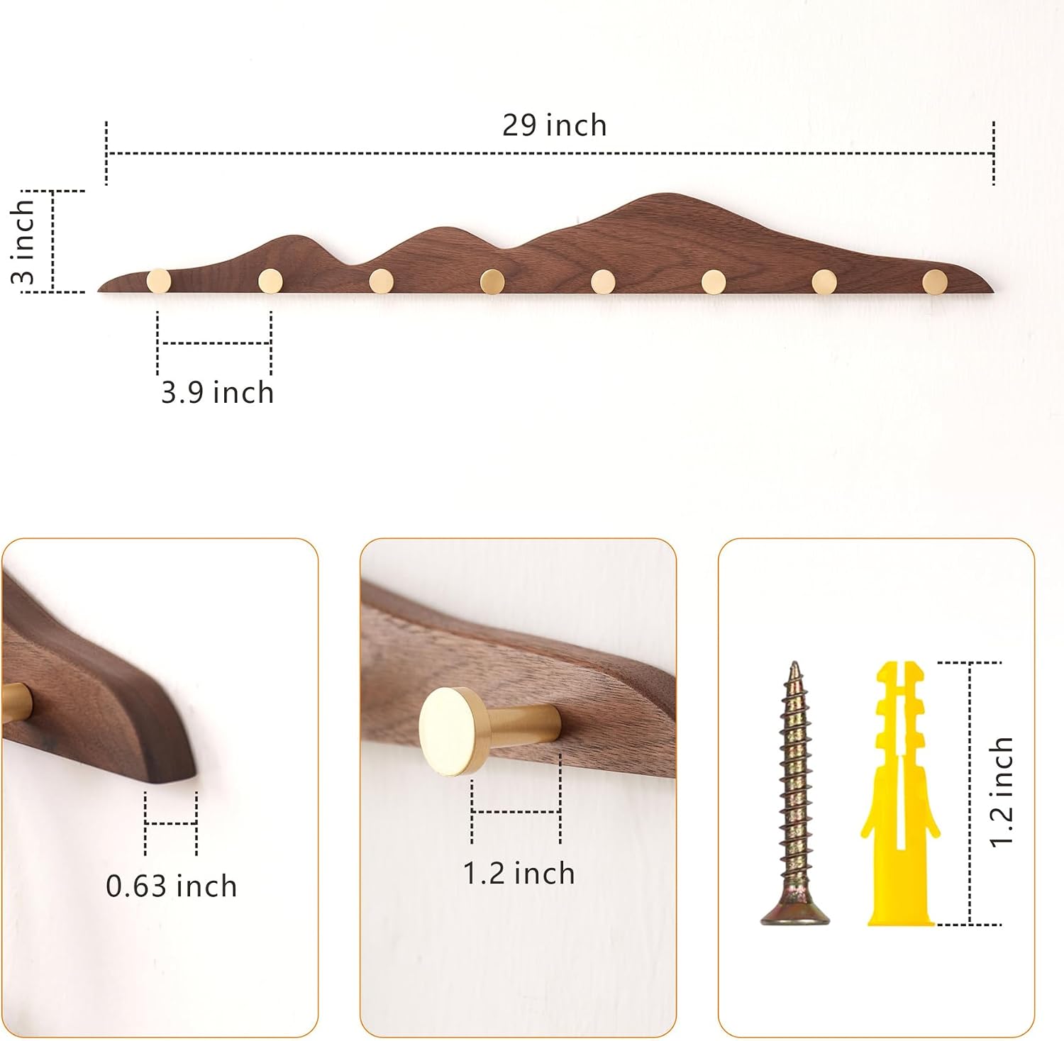 Coat Rack Wall Mount Coat Hooks - Wooden Coat Rack with 8 Gold Brass Hooks, Heavy Duty Wood Decorative Wall Hooks, Door Mounted Entryway Coat Rail for Hanging Jacket Hat Bag Key Backpack, 29 Inches