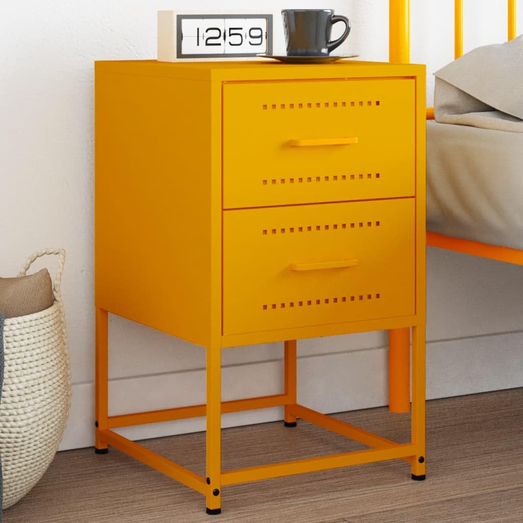 Table de chevet jaune moutarde en acier avec tiroir et rangement pour salon et chambre