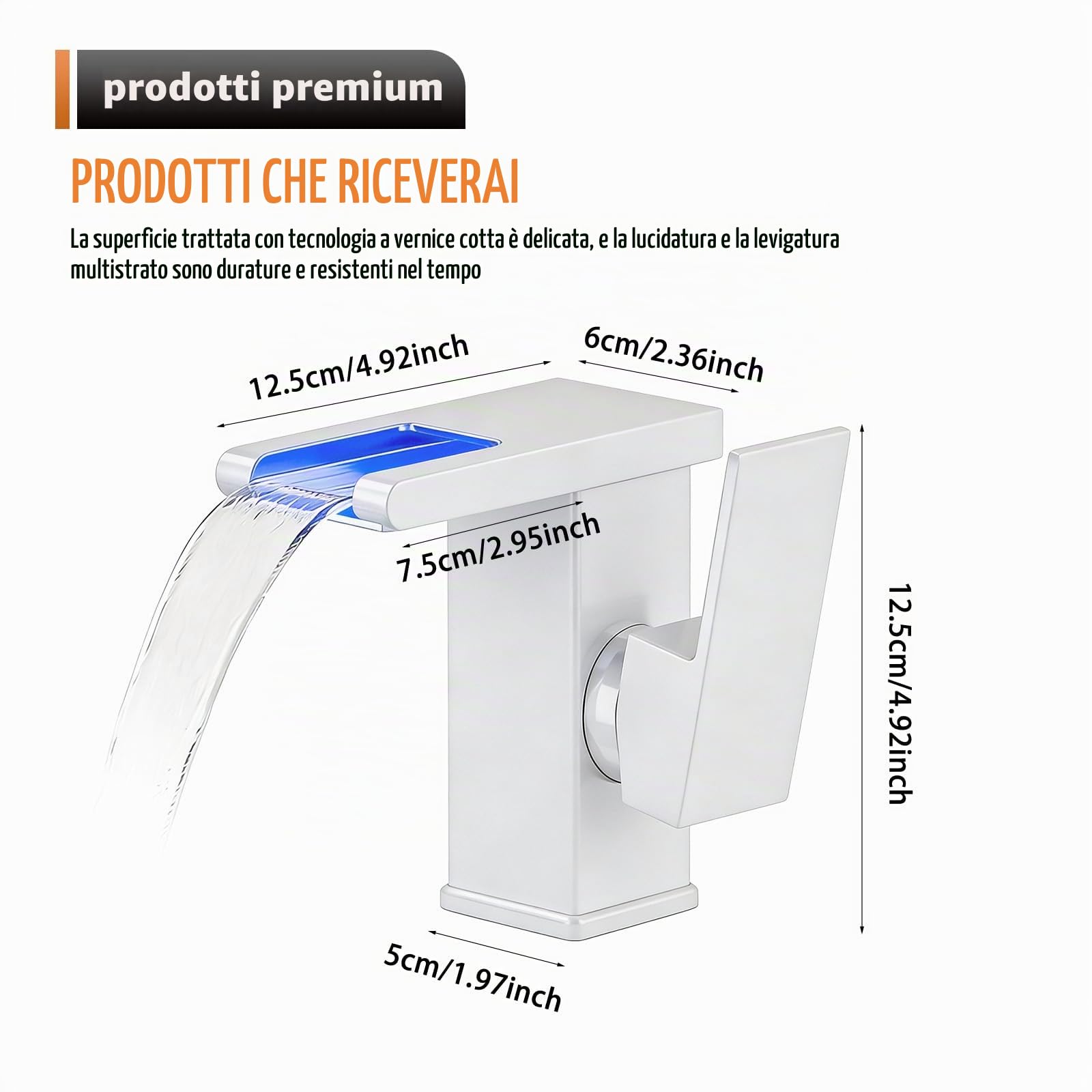 Rubinetto per Bagno con Luci LED, Cascata 3 Colori, Miscelatore Monocomando Acqua Calda e Fredda, Cromato, Moderno, Grigio, Tubi da 60 cm Inclusi
