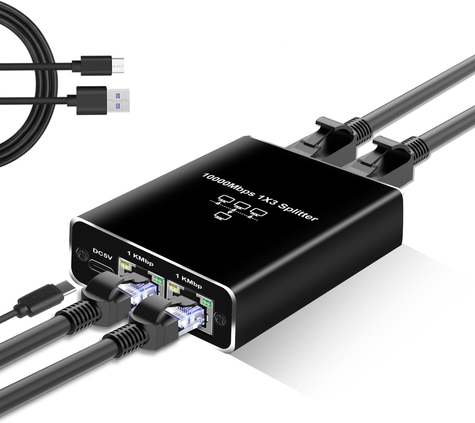 KASTWAVE Ethernet Splitter High Speed, Ethernet Splitter 1 to 3 High Speed 1000Mbps, with USB Power Cable, LAN Splitter for Cat 5/5e/6/7/8 Cable (Supports 3 Devices Working Simultaneously)