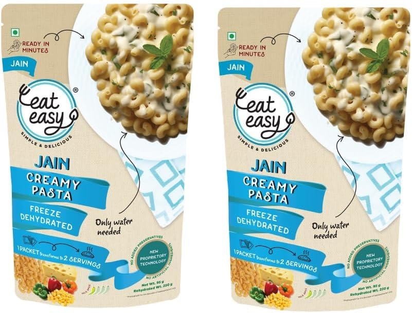 Ready To Eat Jain Pasta- 100gm (Pack of 2) | Freeze Dehydrated | Just Add Water and Cook | No Onion No Garlic, Vegetarian Healthy Instant Creamy Pasta Food for Travel, Trekking, Campign, Hostel