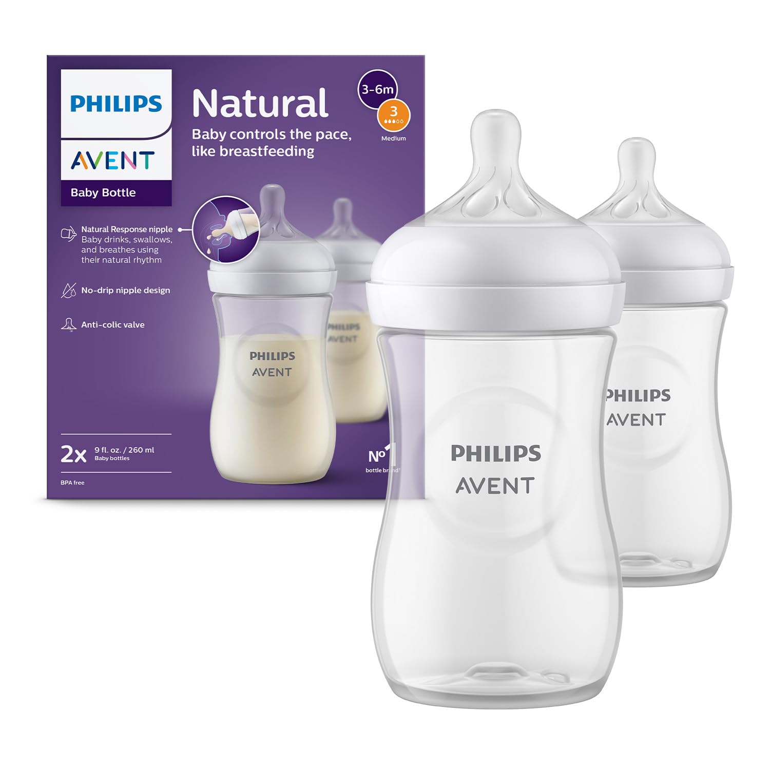 Philips Avent Natural Response Baby Bottle - 2 x 260ml Baby Milk Bottle for Newborns and Up, BPA Free, 1+ Months (Model SCY903/02)