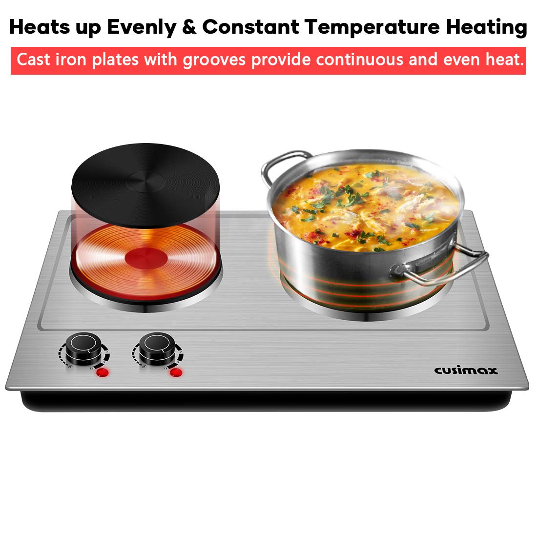 CUSIMAX Double Hot Plate for cooking, 1800W Portable Electric Double Burners Countertop Burner Cast Iron Hot Plates Cooktop, Stainless Steel Silver Easy to Clean