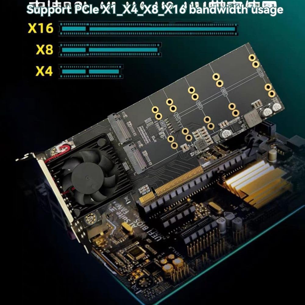 TsoLay PLX8747 PCIe 3.0 X8 4-Bay NVMe Erweiterungskarte Plug&Play - Halbhöhen-/Vollhöhen-Befestigungsset Unterstützt M.2 SSD mit Kühlventilator A
