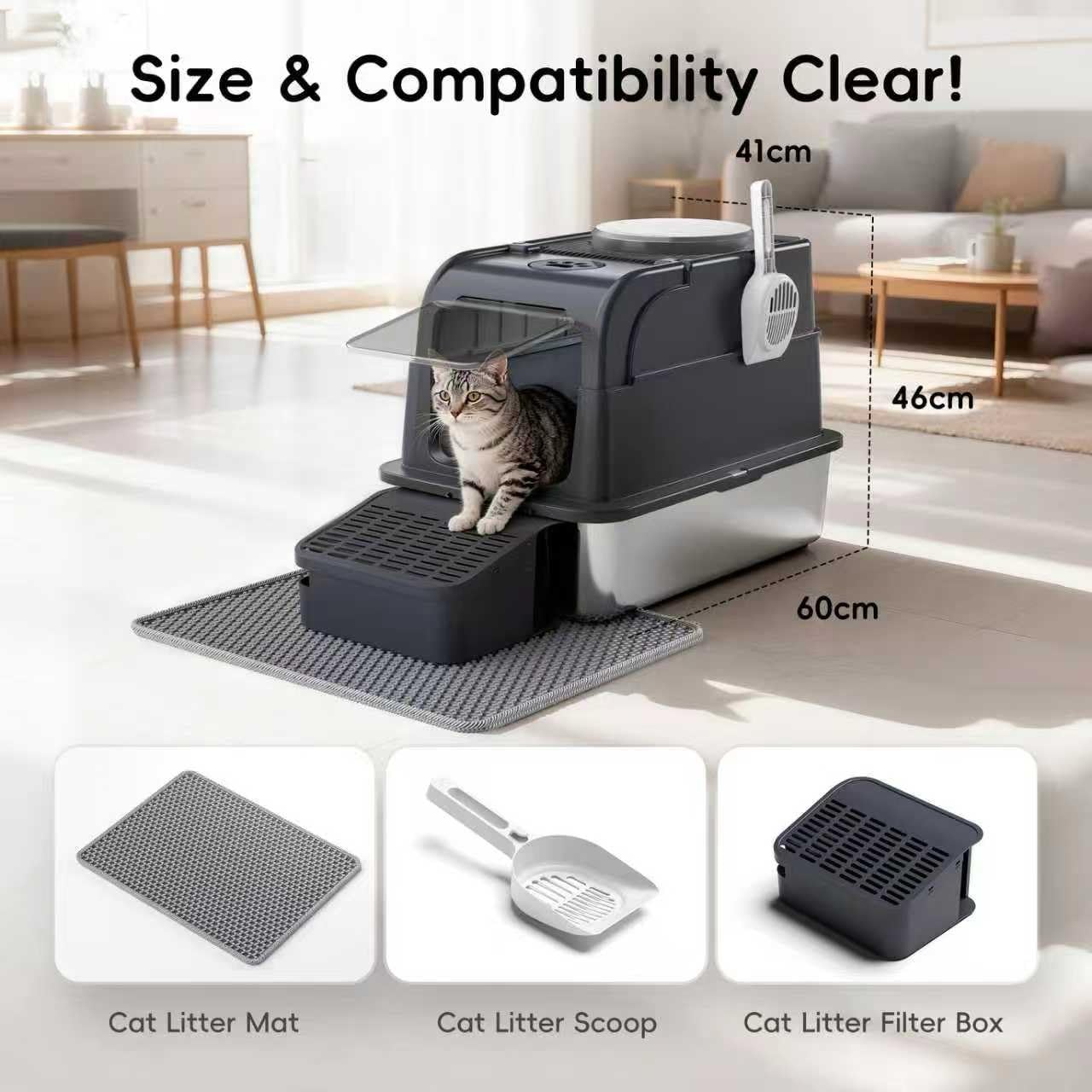 Katzentoilette Edelstahl - Katzenklo XXL Premium mit Deckel 3 in 1 Katzenklo 60 x 46 x 41 cm/Inklusive Rampe und Streumatte