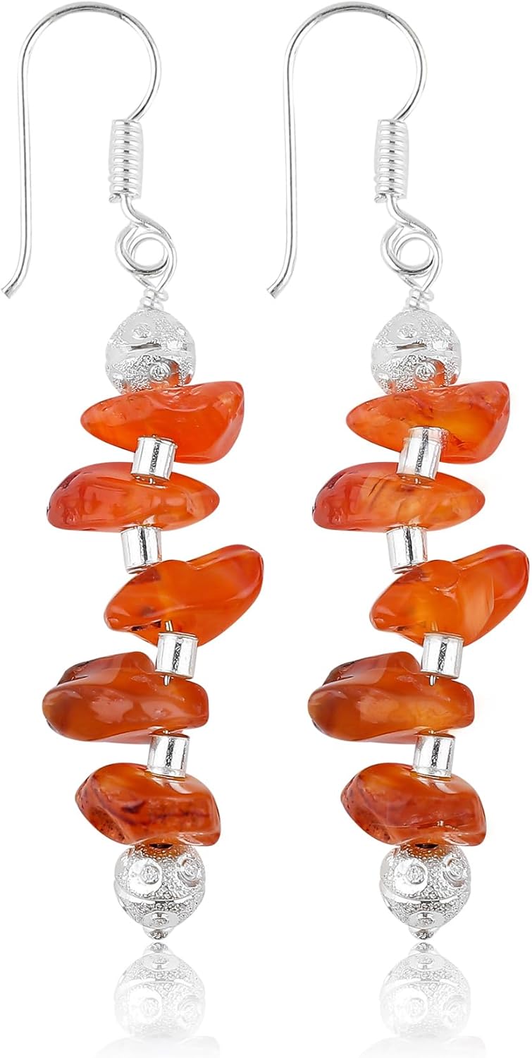 Natural Carnelian Gemstone Dangle Earrings, Handmade Beaded Drop Earrings, Healing Crystals, Bohemian Silver Jewelry Gift for Women (Approx. 1.25inch)