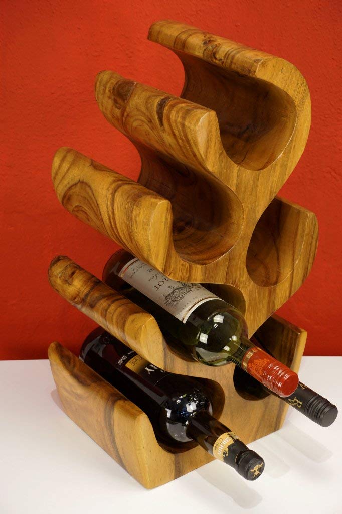 Kinaree Massivholz Weinregal für 6 Flaschen - 50cm freistehendes Flaschenregal in Baum Form aus einem Stück massiver Akazie (Suar) in rustikaler Optik