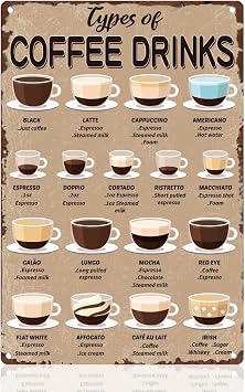 Types of Coffee Drinks Tin Sign Retro Metal Wall Decor 8" x 12" Coffee Menu Vintage Wall Art Poster for Home Cafe Room Kitchen Bathroom Bedroom Man Cave Decor Gift