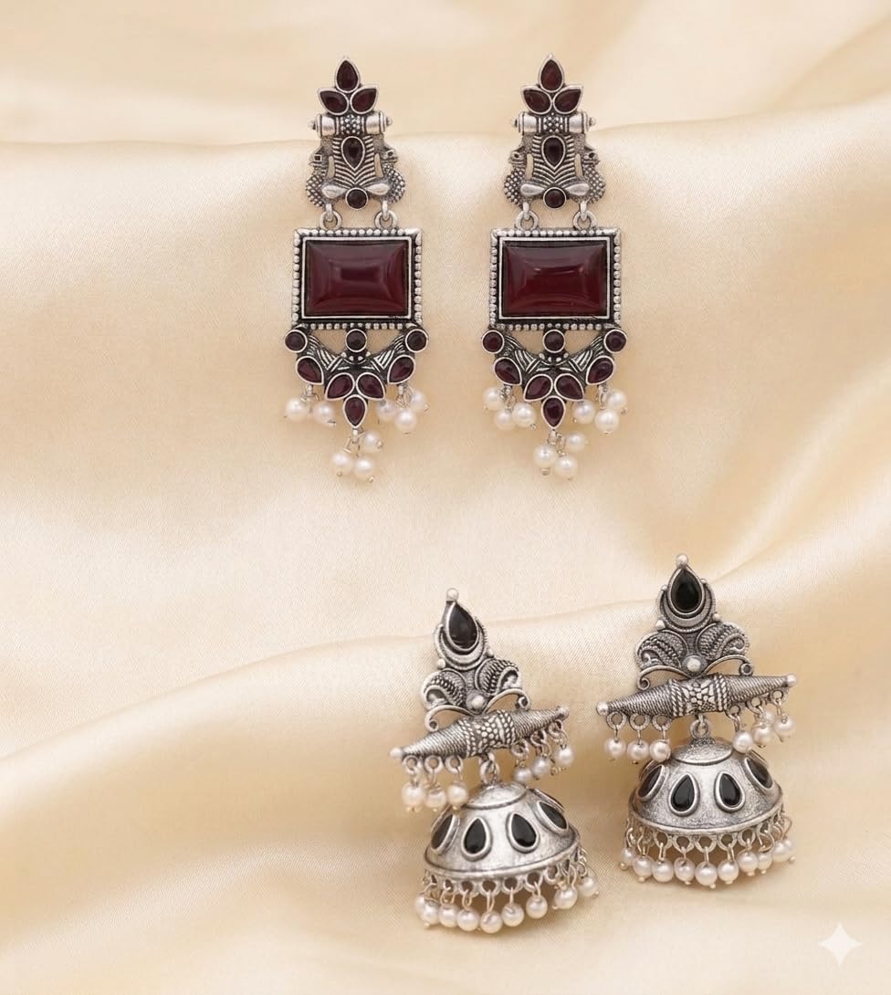 Premium Combo Set of 2: Oxidized Designer Stud Earrings Set, Traditional & Modern Earring Set for Women & Girls, Trendy, Fancy & Fashion Earrings for Daily and Occasion Wear, Lightweight-image-28