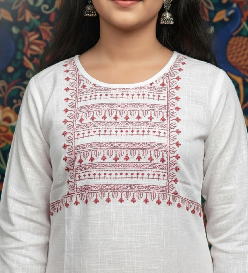 Image of Aarika Girls Ethnic Wear White Colour Tribal Print Cotton Blend Kurti