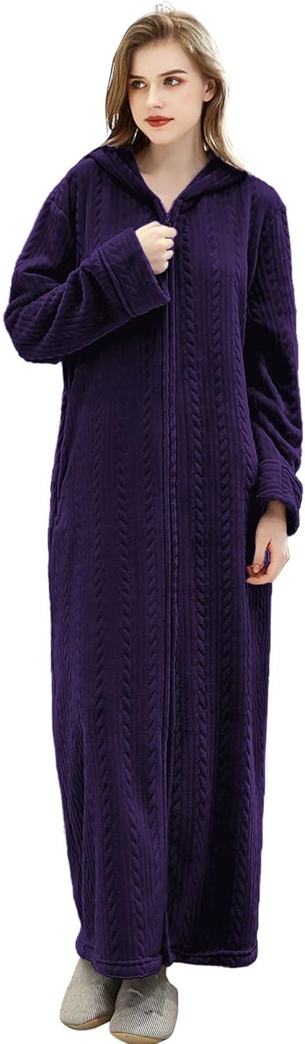 Artfasion Womens Robe Long Zipper Front Hooded Full Length Housecoat Sleepwear for Ladies