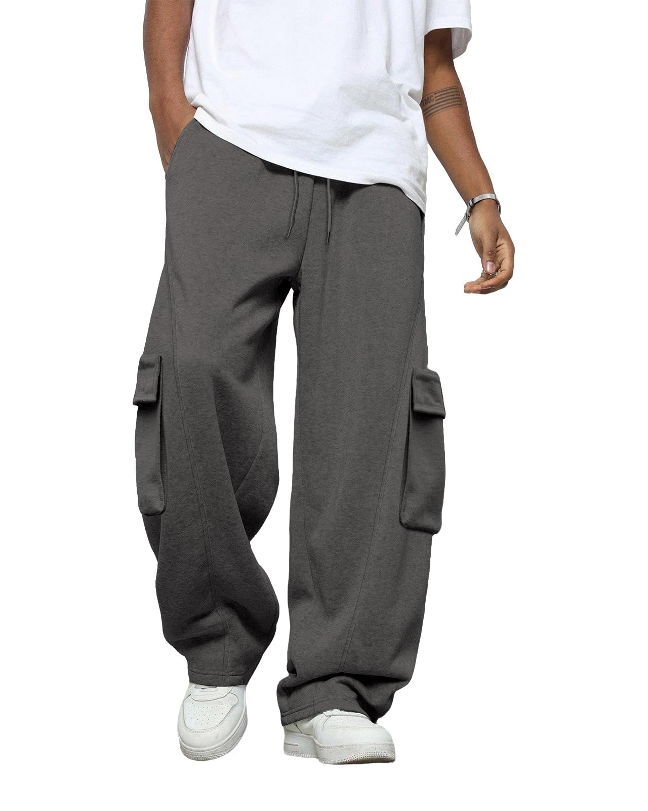 Mens Baggy Sweatpants Heavyweight Fleece Cargo Pants Wide Leg Loose Fit Casual Joggers Sweat Pants for Men with