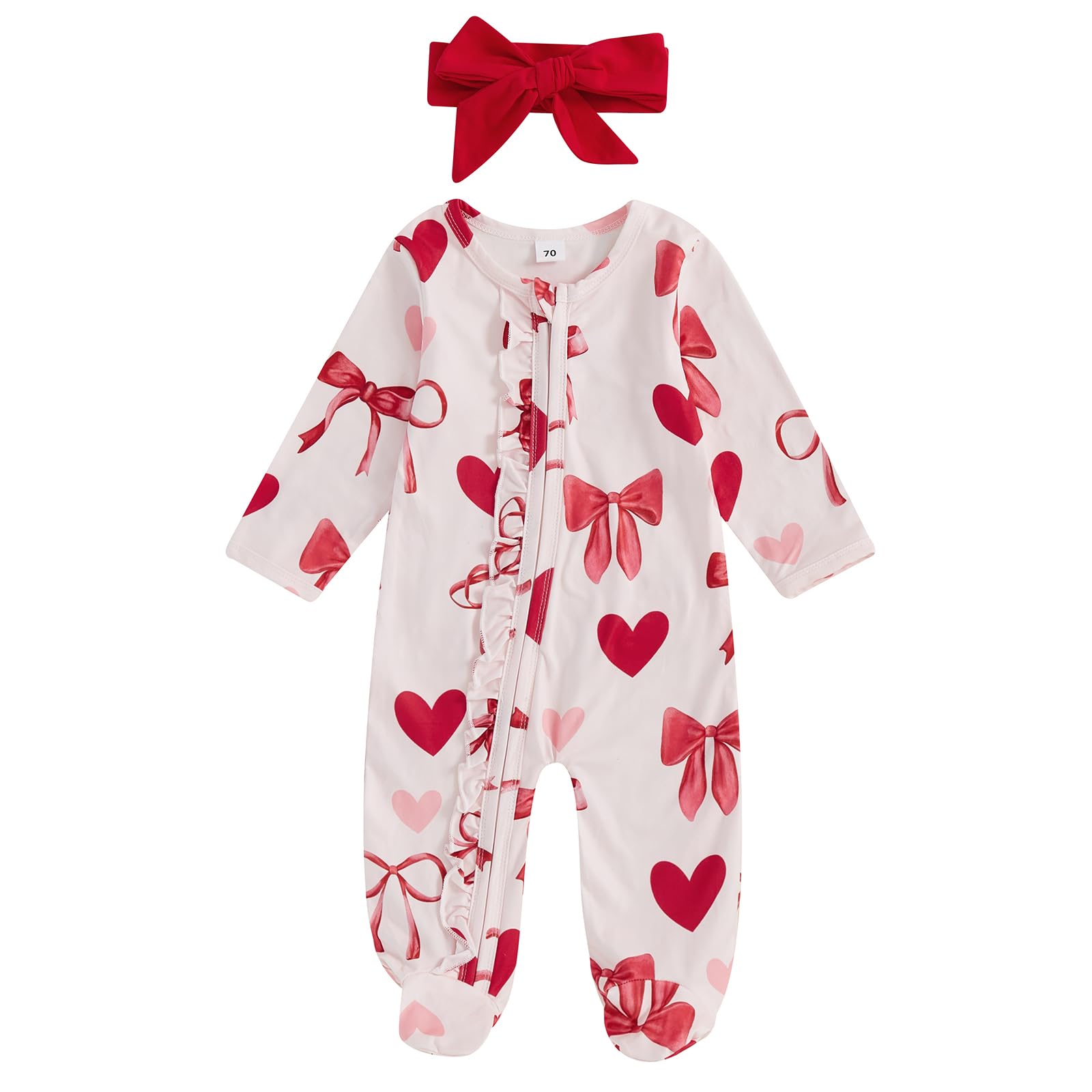 Baby Girl Valentines Outfits Bowknot Long Sleeve Zipper Footie Romper Newborn Jumpsuit Bodysuit Coming Home Outfit