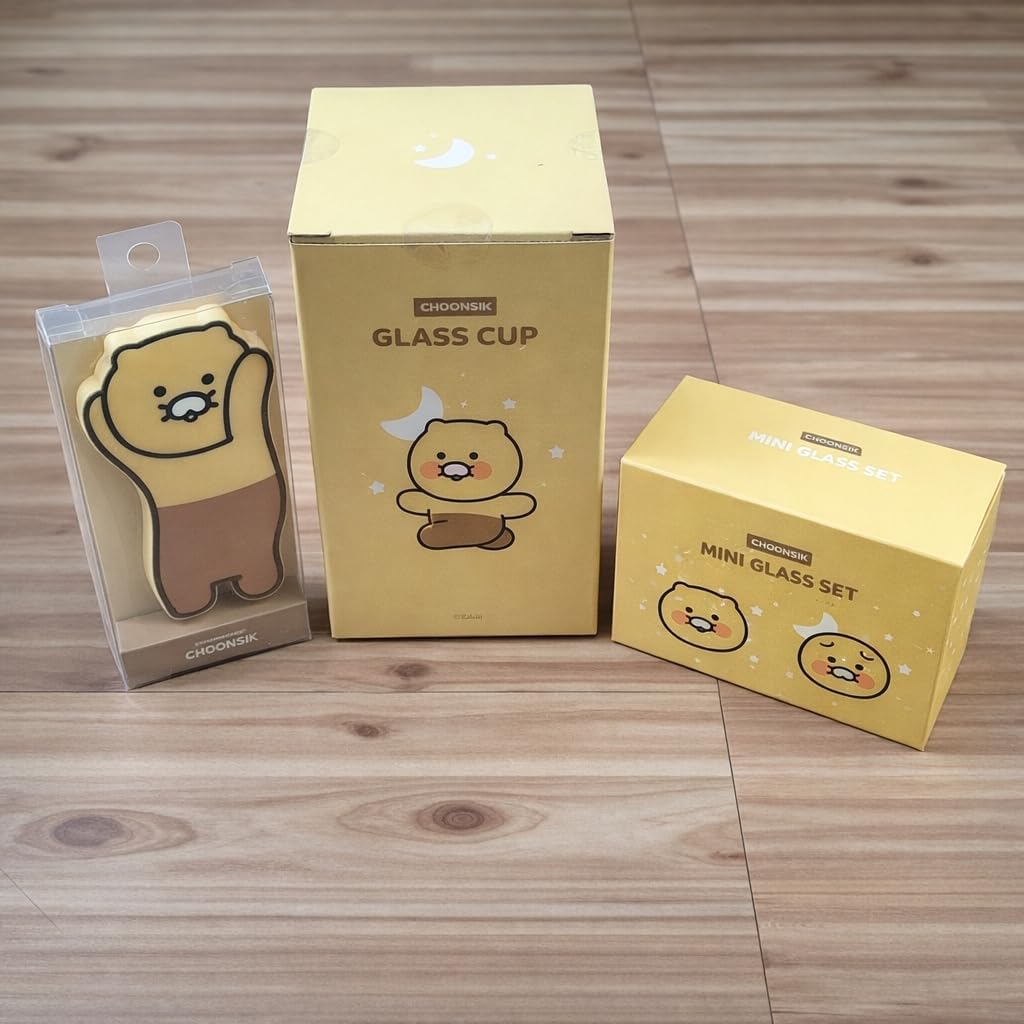 MYTEMS Kakao Choonsik Beer Glass and Soju Shot Glass Set with Bottle Opener, Cute Character Drinkware, 3-Piece Glass Cup Set 춘식이 소주잔 맥주잔 소맥잔 somaek somek somek
