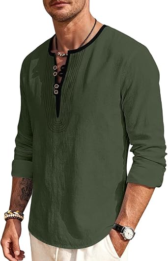 Mens Linen Shirts Henley T-Shirts Long Sleeve Tops Casual Beach T-Shirts Yoga Shirts for Men